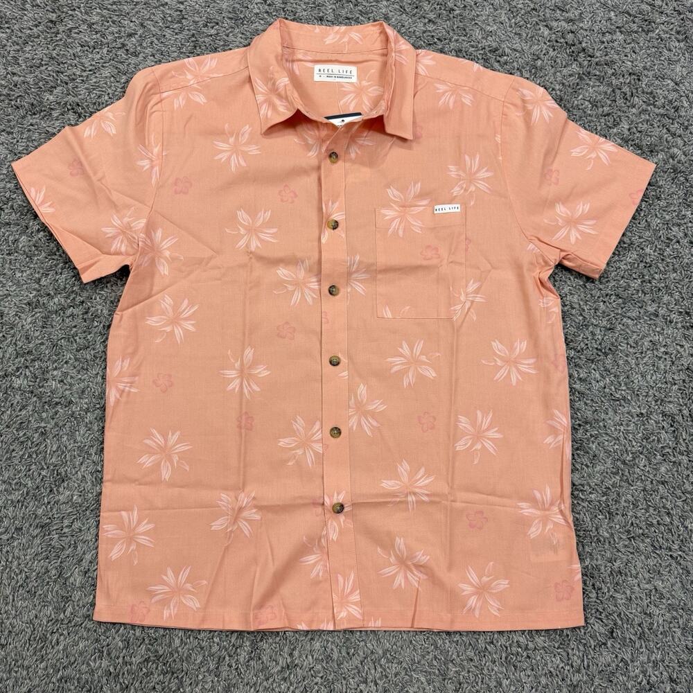 Reel Life Pacific Woven Pops Of Palm Pink Salmon Button Short Sleeve Shirt Men M
